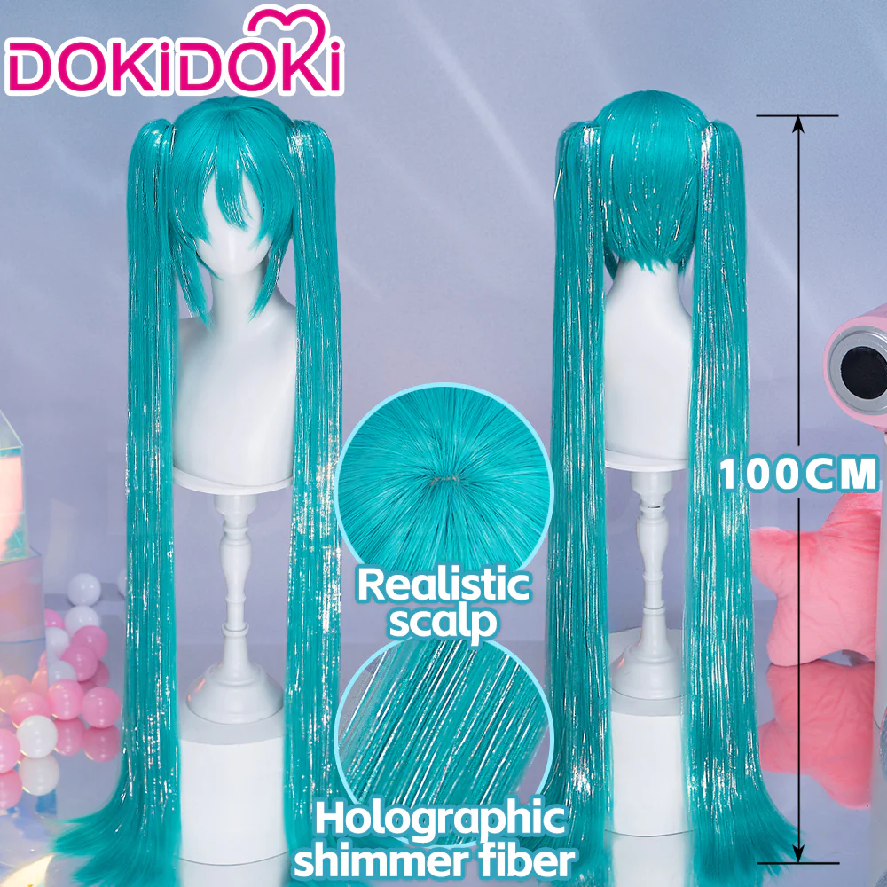 【Holographic Shimmer Fiber】【100 CM】DokiDoki Cosplay Wig Long Straight Green Blue Hair Twin Tails - Image 12