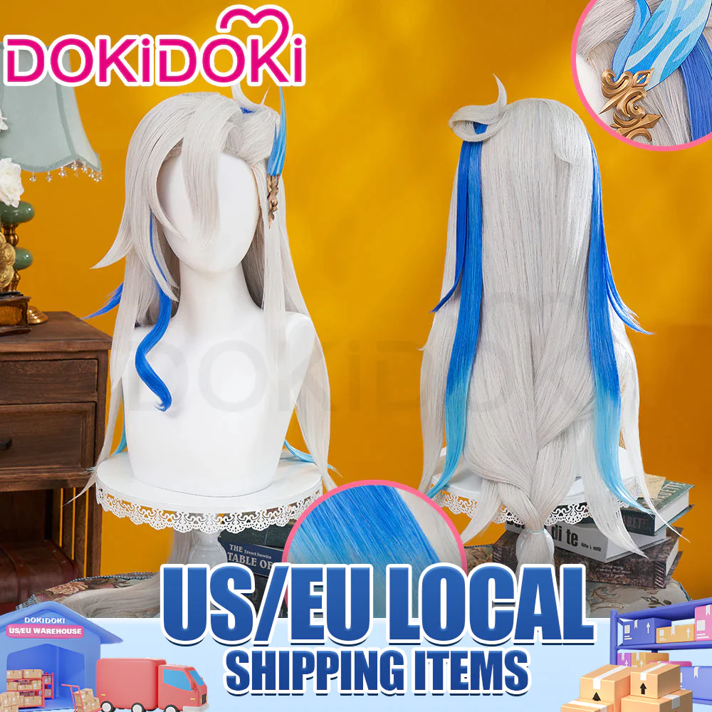 【US/EU LOCAL SHIPPING 】DokiDoki Game Genshin Impact Cosplay Fontaine Neuvillette Wig Long Grey Blue Highlight