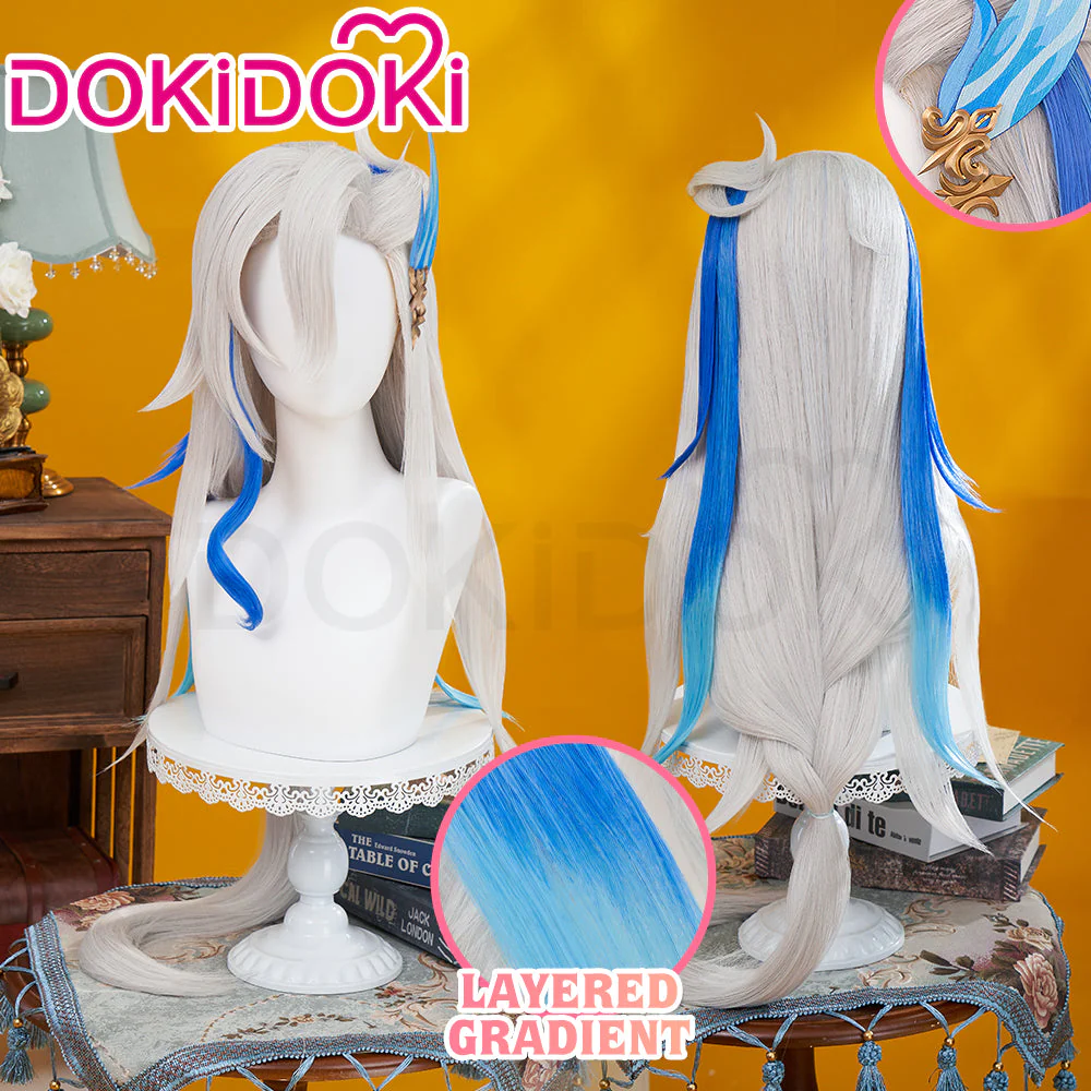 【US/EU LOCAL SHIPPING 】DokiDoki Game Genshin Impact Cosplay Fontaine Neuvillette Wig Long Grey Blue Highlight - Image 2