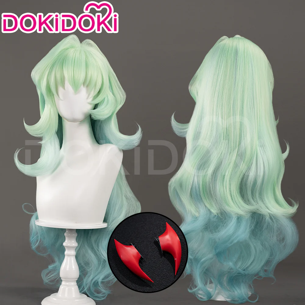 【Ready For Ship】DokiDoki Anime Cosplay Scantty Cosplay Wig Long Curly Light Dark Green Gradient Hair / Horn