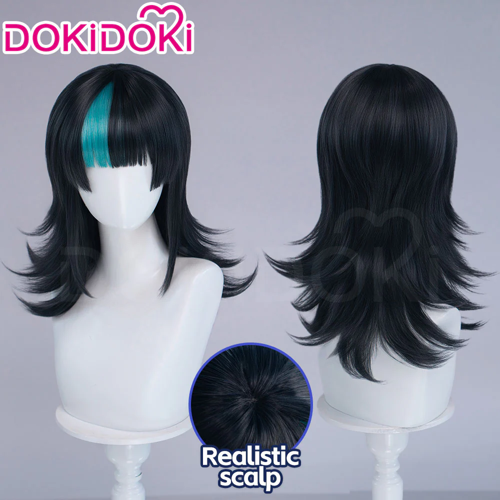 DokiDoki Anime Cosplay Wig Long Curly Black Cyan Highlight Hair