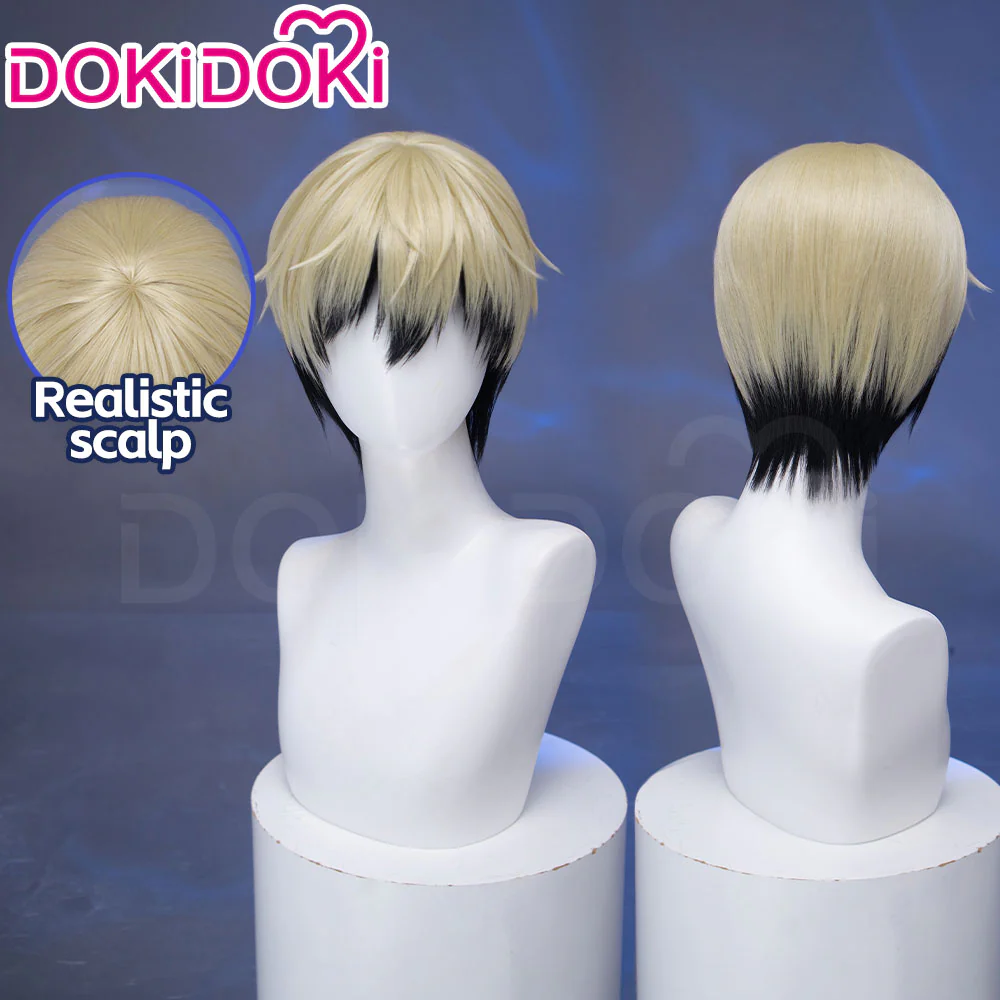 DokiDoki Anime Cosplay Wig Short Blonde Green Black Layered Hair - Image 2