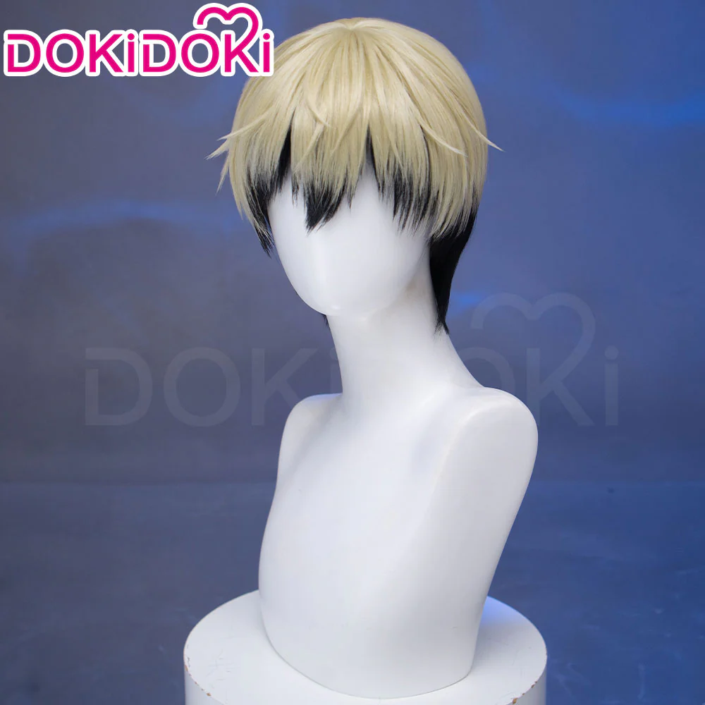 DokiDoki Anime Cosplay Wig Short Blonde Green Black Layered Hair - Image 3