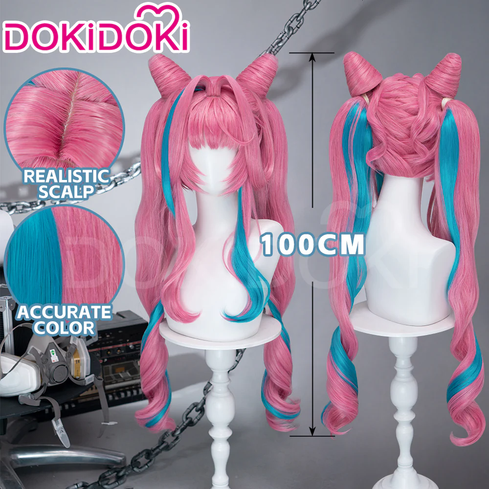 DokiDoki Game Arknights: Endfield Cosplay Yvonne Wig Long Curly Pink Blue Highlight Hair Pigtails