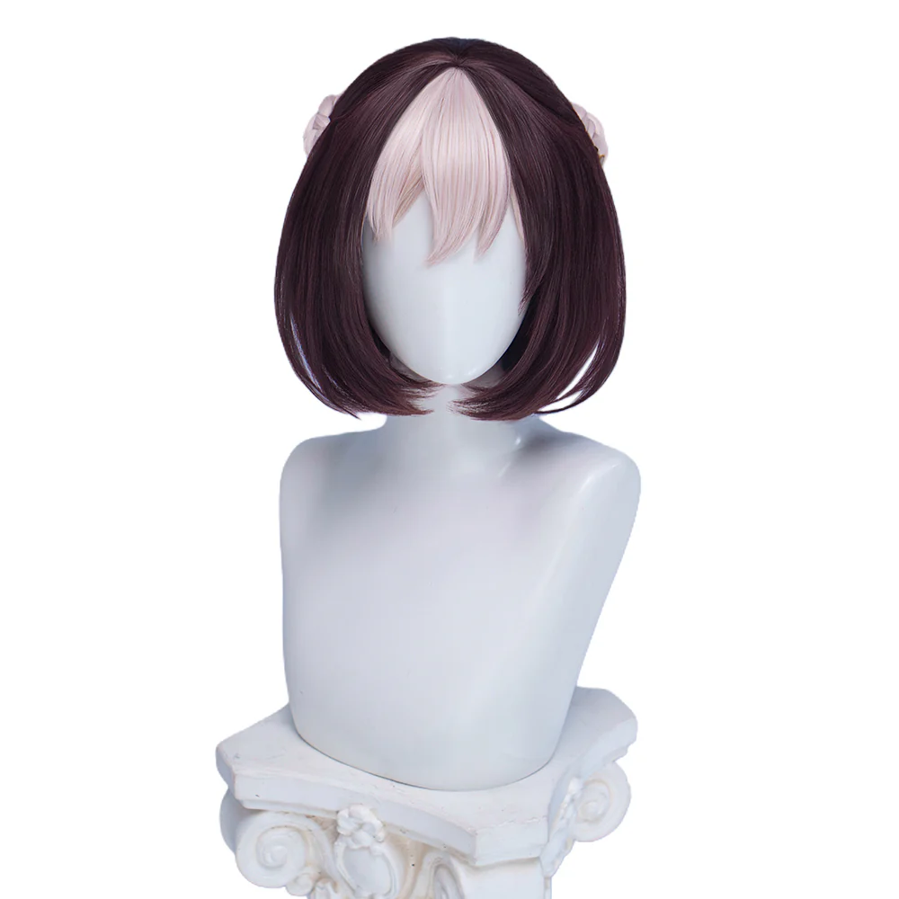 【Ready For Ship】DokiDoki Game Cosplay Wig Short Straight Brown White Highlight Hair - Image 5