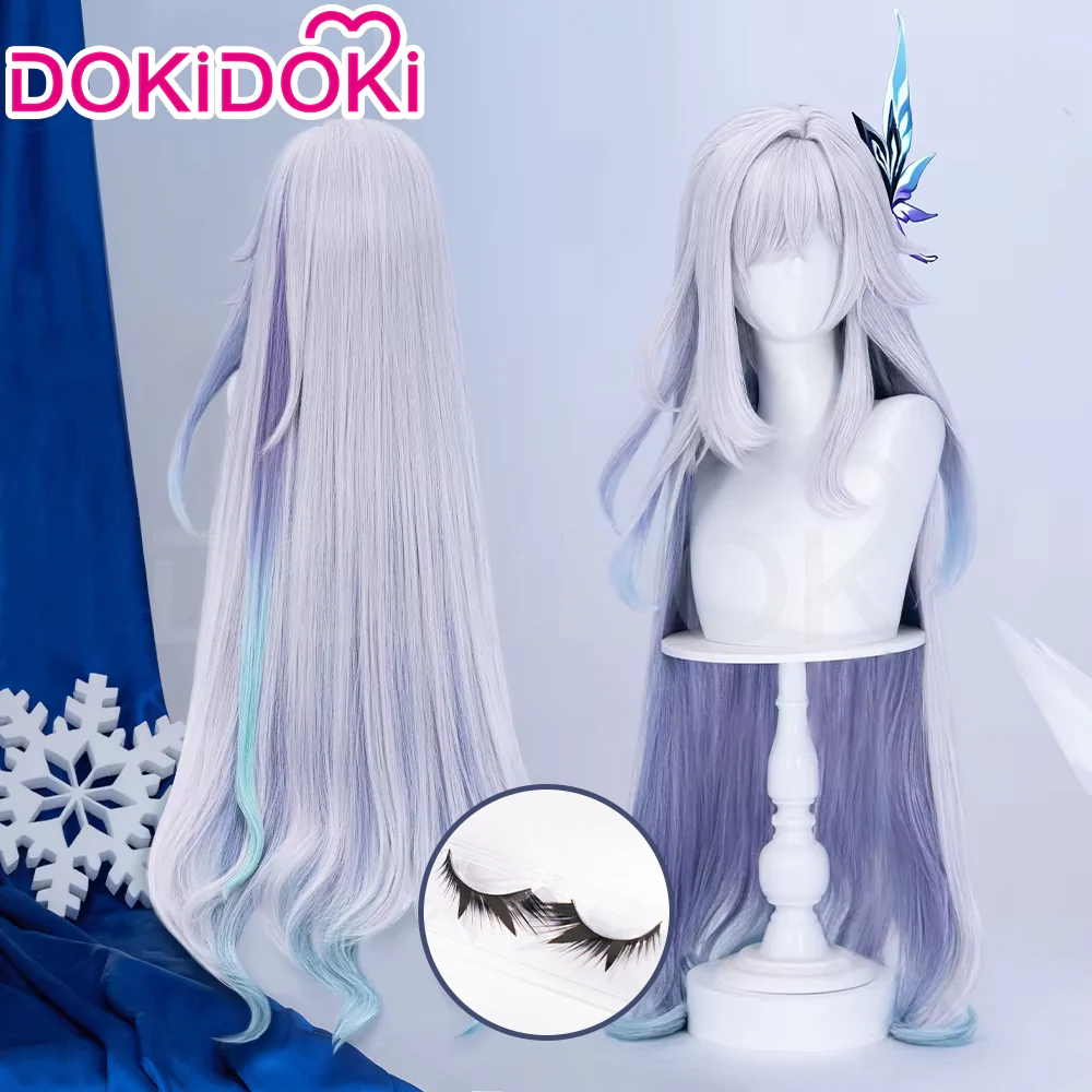 DokiDoki Game Genshin Impact Cosplay Skirk Wig Long Curly Purple Gradient Hair / Fake Eyelashes