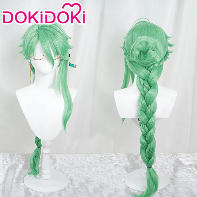 【Ready For Ship】DokiDoki Game Genshin Impact Bai Zhu Cosplay Long Green Curly Wig/ Glasses Baizhu