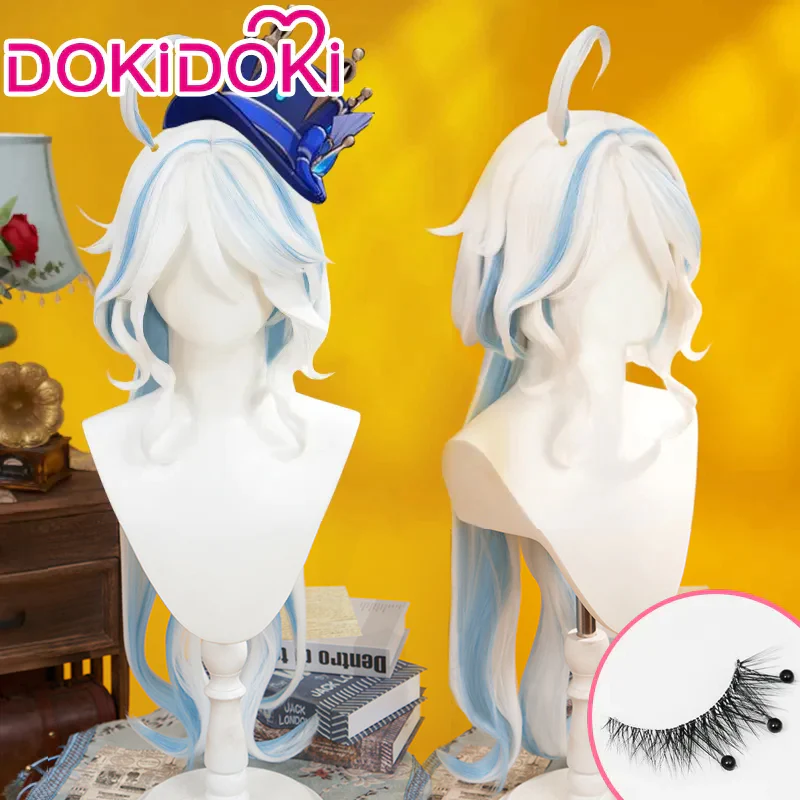 【Ready For Ship】DokiDoki Game Genshin Impact Cosplay Fontaine Focalors Wig Long White Blue Curly Furina Wig / Fake Eyelashes / Hat/ Wefts - Image 2