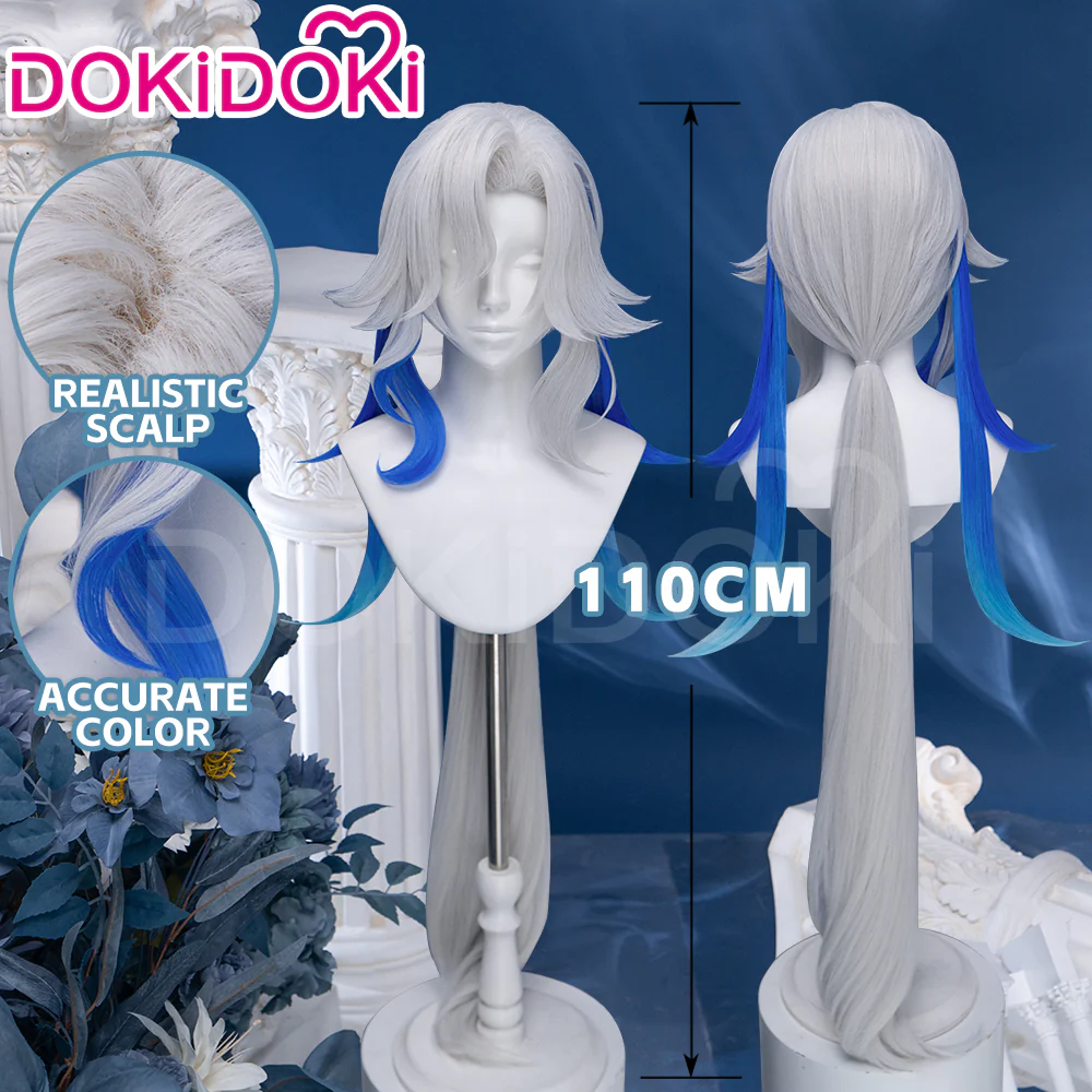 【Partially Ready For Ship】DokiDoki Game Genshin Impact Cosplay Fontaine Neuvillette Wig Long Grey Blue Highlight / Lightstrip / Wefts Melusent Gift - Image 7