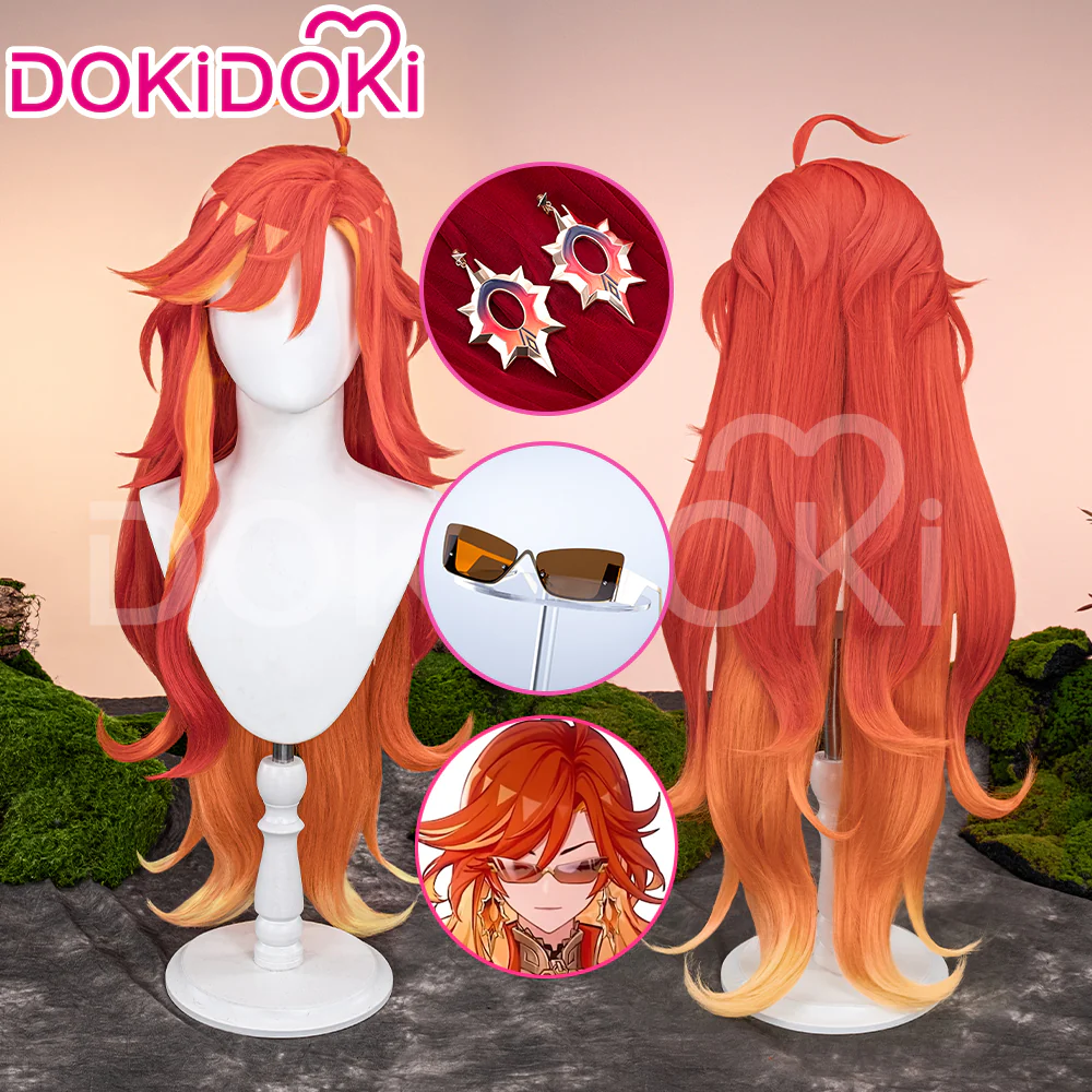 DokiDoki Game Genshin Impact Cosplay Pyro Archon Mavuika Wig / Light Strips/ Wefts / Earclip / Glasses Natlan Long Curly Orange