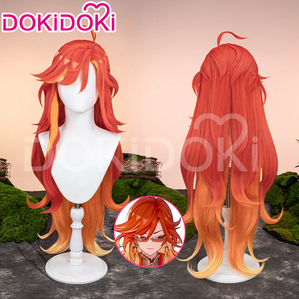 DokiDoki Game Genshin Impact Cosplay Pyro Archon Mavuika Wig / Light Strips/ Wefts / Earclip / Glasses Natlan Long Curly Orange - Image 2