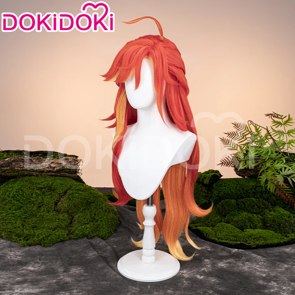 DokiDoki Game Genshin Impact Cosplay Pyro Archon Mavuika Wig / Light Strips/ Wefts / Earclip / Glasses Natlan Long Curly Orange - Image 6