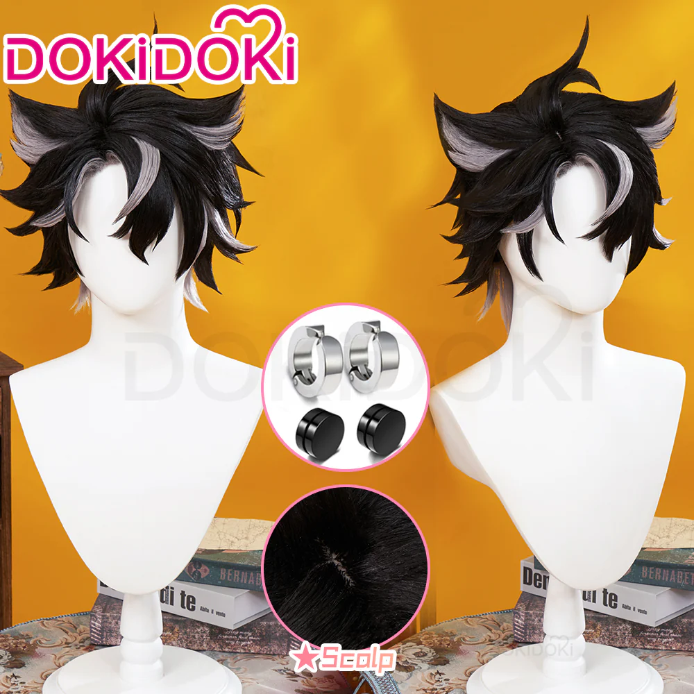 【Ready For Ship】DokiDoki Game Genshin Impact Cosplay Fontaine Wriothesley Wig Short Black Grey / Earring / Wefts