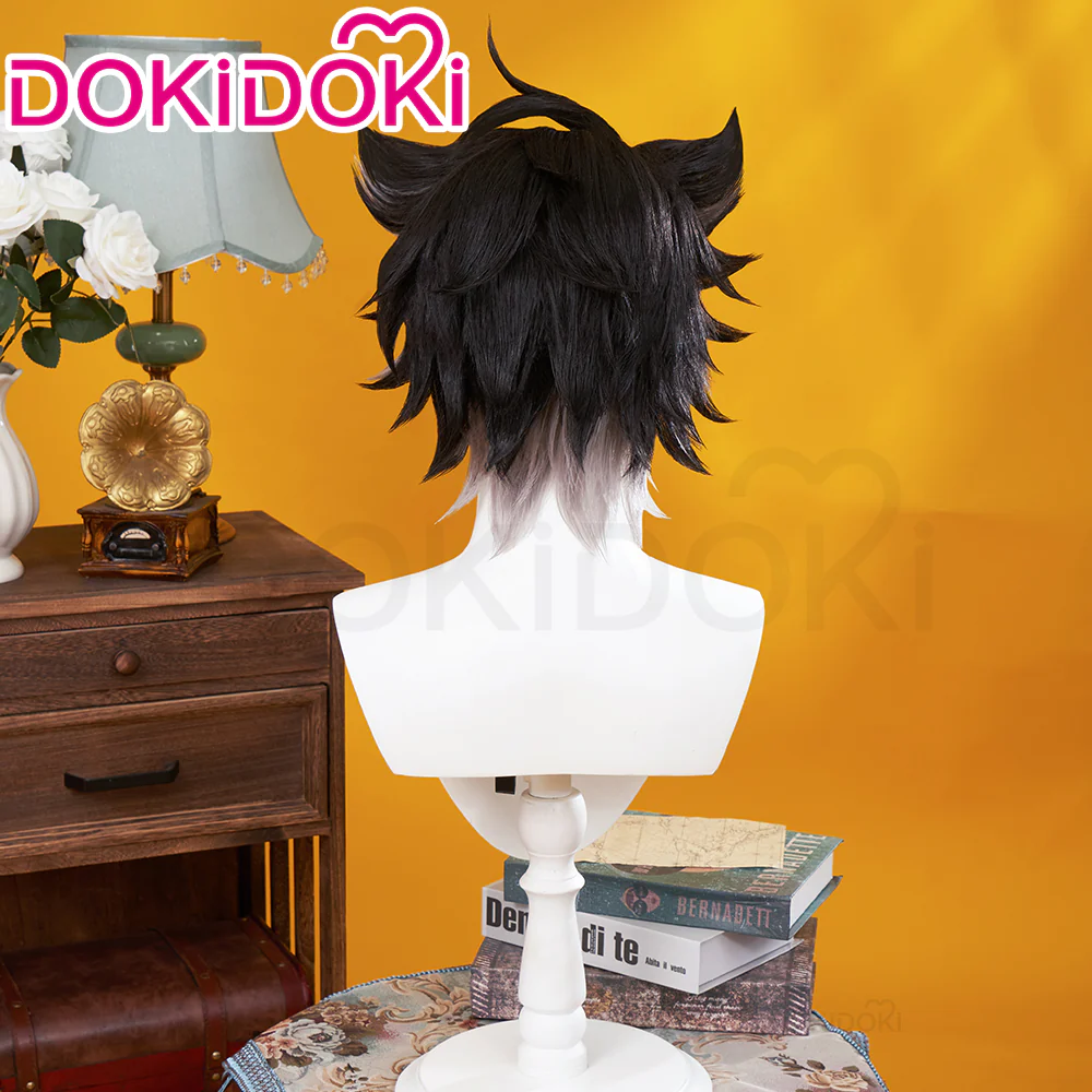 【Ready For Ship】DokiDoki Game Genshin Impact Cosplay Fontaine Wriothesley Wig Short Black Grey / Earring / Wefts - Image 3