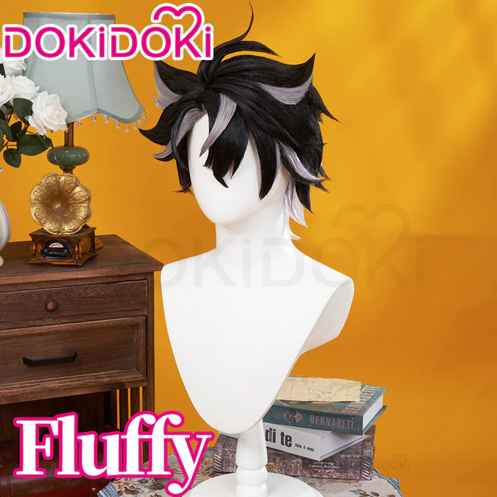 【Ready For Ship】DokiDoki Game Genshin Impact Cosplay Fontaine Wriothesley Wig Short Black Grey / Earring / Wefts - Image 5