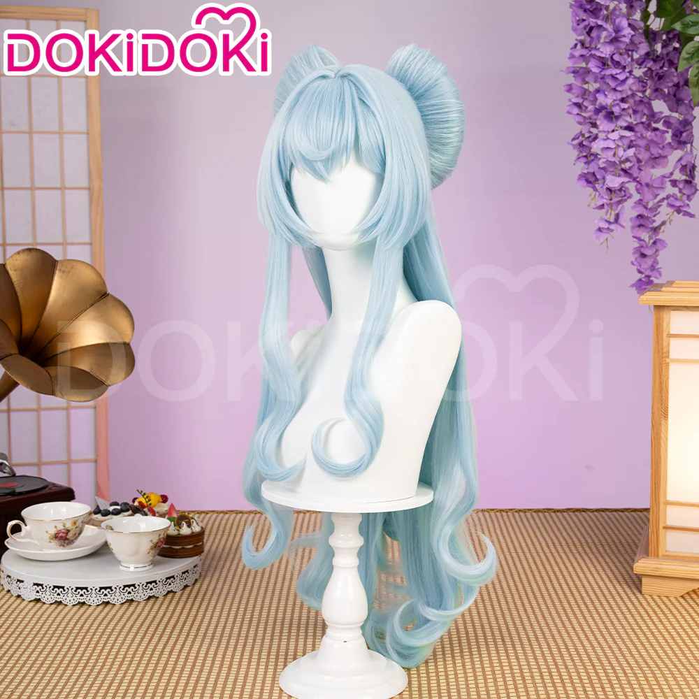 【Ready For Ship】DokiDoki Game Genshin Impact Cosplay Yumemizuki Mizuki Wig / Headwear / Ears Long Curly Blue Hair - Image 4