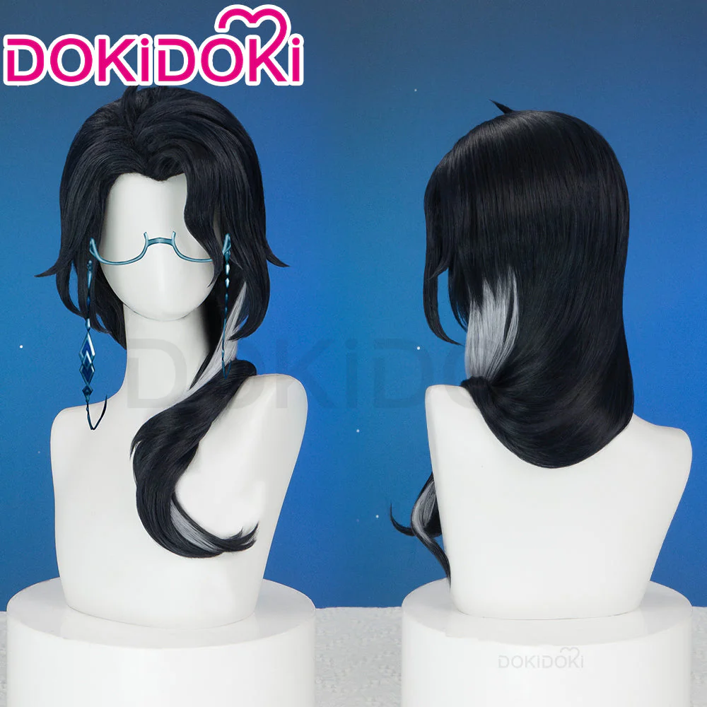 DokiDoki Game Genshin Impact Fatui Harbinger Cosplay Wig Pierr Pantalone Short Curly Black Wig/Glasses - Image 4