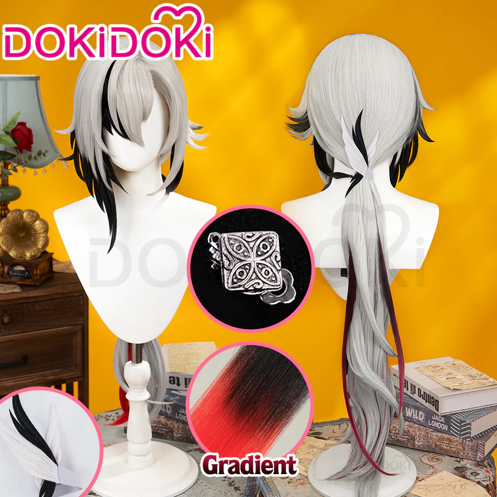 【Partially Ready For Ship】DokiDoki Game Genshin Impact Fontaine Fatui Harbinger Cosplay The Knave Arlecchino Wig Long Straight White Red Gradient Hair / Ear Clip / Wefts / Childhood Ver. / Youth Ver. / Boss Ver. - Image 3