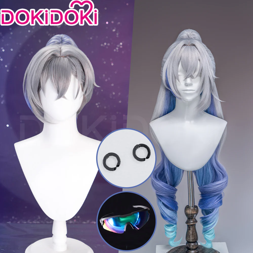 【Ready For Ship】DokiDoki Game Honkai: Star Rail Cosplay Silver Wolf Wig Sliver Blue Gradient Pony Tail / Glasses/ Ear Clip