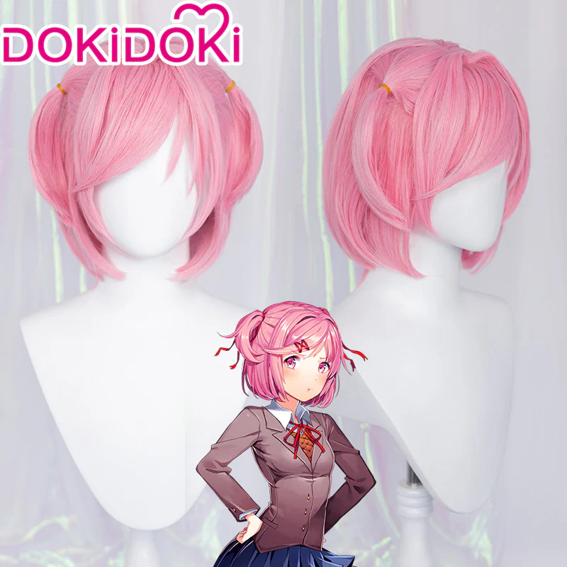 DokiDoki GAME Literature Club Cosplay Natsuki Wig / Hairclip Short Pink Wig DDLC - Image 2