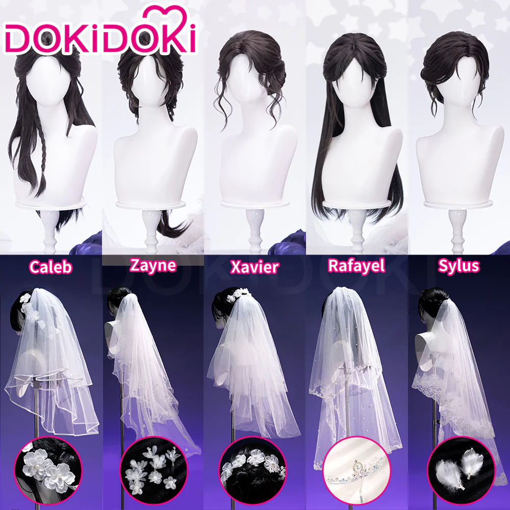 【Partially Ready For Ship】DokiDoki Game Love And Deepspace Cosplay Protagonist MC Wedding Wig / Veil / Headwear Xavier / Sylus / Zayne / Rafayel / Caleb Black Hair Buns