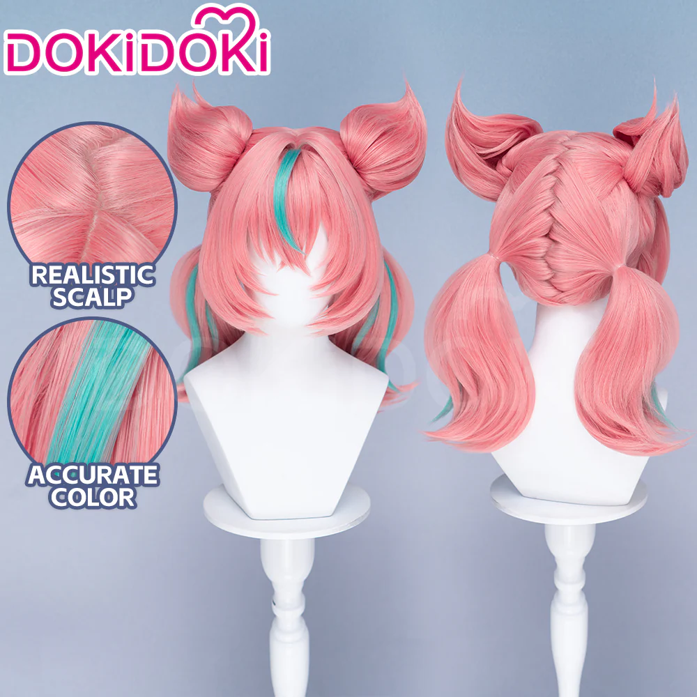 DokiDoki Game Zenless Zone Zero Cosplay Aria Twin Ponytail Wig Short Coral Pink Mint Green Hair ZZZ - Image 3