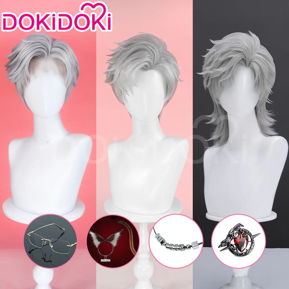 【Ready For Ship】【Front Lace】DokiDoki Game Love and Deepspace Cosplay Sylus Wig / Glasses / Necklace / Brooch / Ear / Tail Men Short Sliver Mullet Defiant Spirit