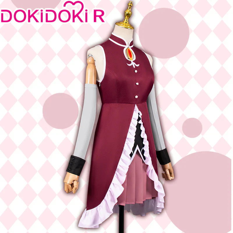 【Size S-2XL】DokiDoki-R Anime Cosplay Costume Red Dress Pink Ruffled Hem - Image 2