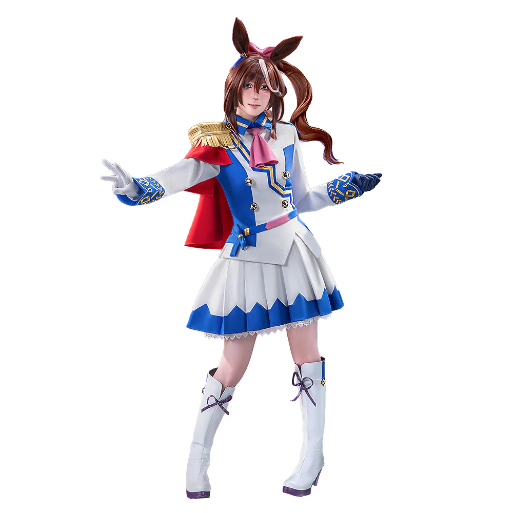 【Size XS-2XL】DokiDoki-R Game Cosplay Costume Racewear White Blue Dress Cute With Red Cape - Image 5
